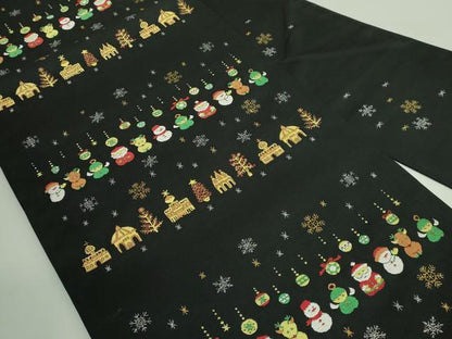 平和屋着物●極上 九寸名古屋帯 クリスマス サンタクロース トナカイ 雪だるま オーナメント 黒地 金銀糸 証紙付き 逸品 新品 DZAB2697kh6