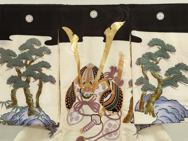 平和屋着物[]お宮参り　男の子　祝着　産着　初着　のしめ　駒刺繍　兜　笠松文　金彩　洗える着物　CABB2049ze