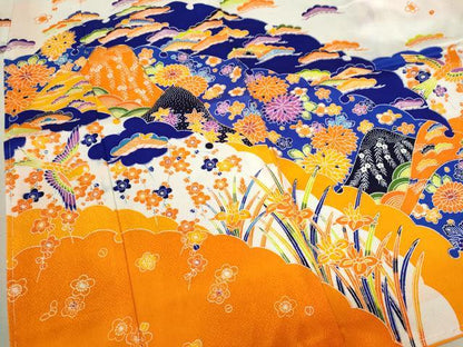 平和屋着物[]七五三　女の子　７歳　祝着　四つ身　駒刺繍　遠山花鳥文　洗える着物　CABB2044ze