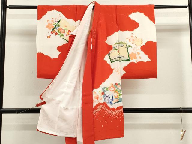 平和屋着物[]お宮参り　女の子　祝着　産着　初着　のしめ　絞り　冊子御所車草花文　逸品　CABB2048ze