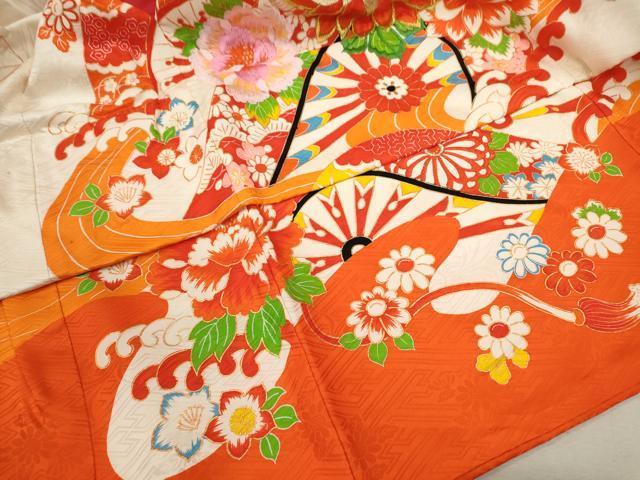 平和屋着物[]七五三　女の子　３歳　祝着　三つ身　長襦袢セット　刺繍　片輪車草花文　金彩　逸品　CABB2051ze