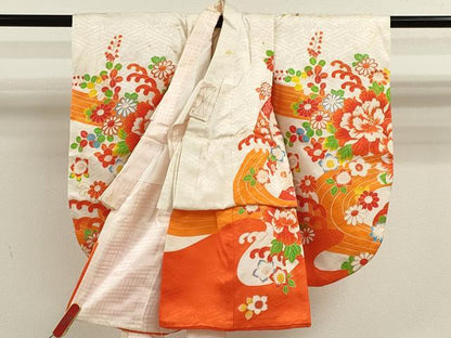 平和屋着物[]七五三　女の子　３歳　祝着　三つ身　長襦袢セット　刺繍　片輪車草花文　金彩　逸品　CABB2051ze