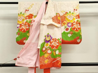 平和屋着物[]七五三　女の子　３歳　祝着　三つ身　長襦袢セット　刺繍　花束文　金彩　逸品　CABB2050ze