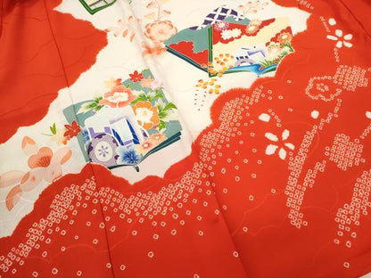 平和屋着物[]お宮参り　女の子　祝着　産着　初着　のしめ　絞り　冊子御所車草花文　逸品　CABB2048ze