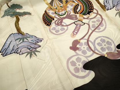 平和屋着物[]お宮参り　男の子　祝着　産着　初着　のしめ　駒刺繍　兜　笠松文　金彩　洗える着物　CABB2049ze