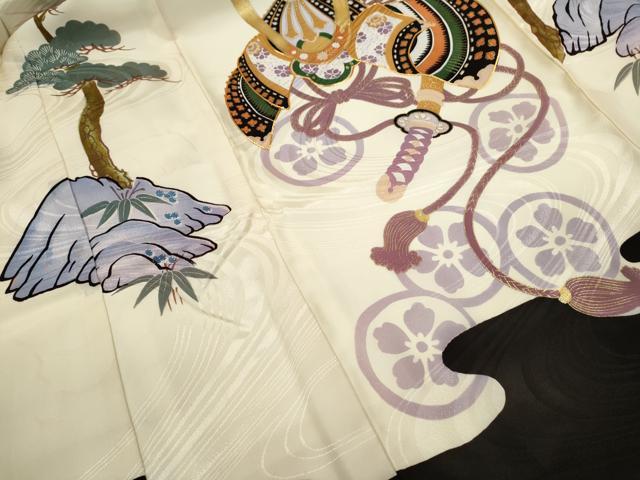 平和屋着物[]お宮参り　男の子　祝着　産着　初着　のしめ　駒刺繍　兜　笠松文　金彩　洗える着物　CABB2049ze