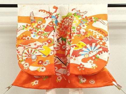 平和屋着物[]七五三　女の子　３歳　祝着　三つ身　長襦袢セット　刺繍　片輪車草花文　金彩　逸品　CABB2051ze