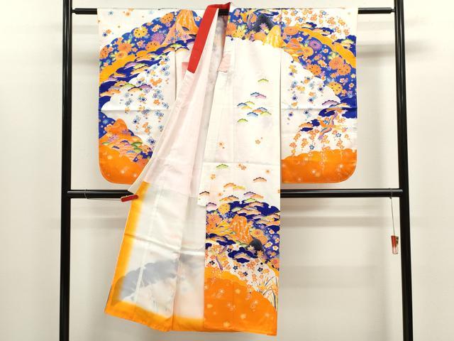 平和屋着物[]七五三　女の子　７歳　祝着　四つ身　駒刺繍　遠山花鳥文　洗える着物　CABB2044ze