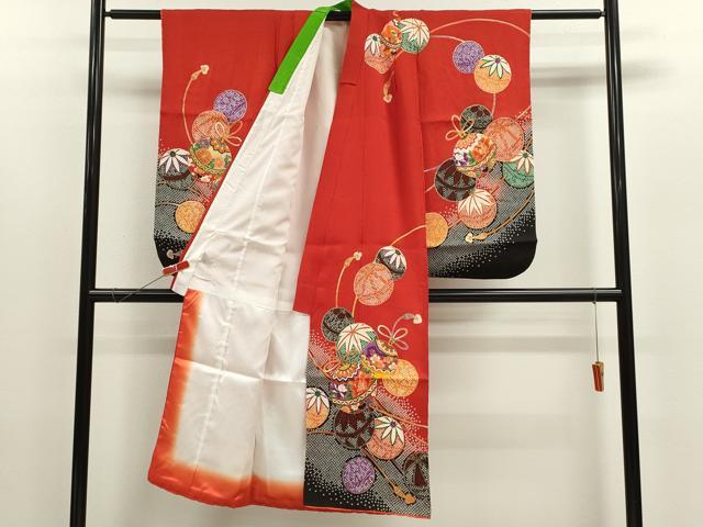 平和屋着物[]七五三　女の子　７歳　祝着　四つ身　鈴　鞠花文　金彩　洗える着物　CABB2060ze