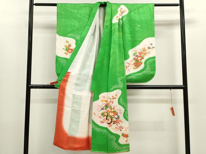 平和屋着物[]七五三　女の子　７歳　祝着　四つ身　長襦袢セット　絞り　駒刺繍　花車文　金彩　逸品　CABB2058ze