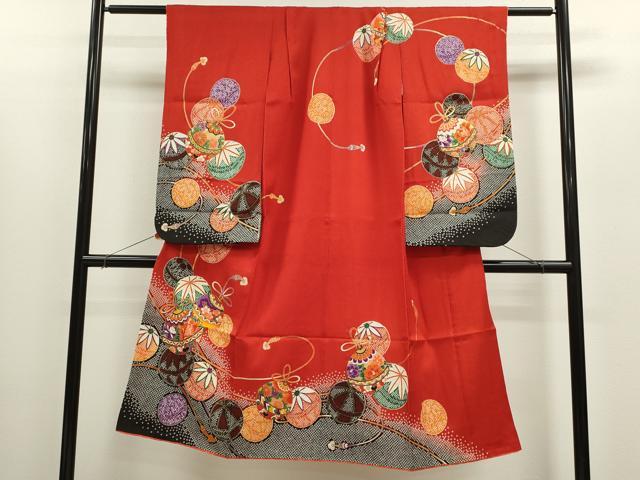 平和屋着物[]七五三　女の子　７歳　祝着　四つ身　鈴　鞠花文　金彩　洗える着物　CABB2060ze