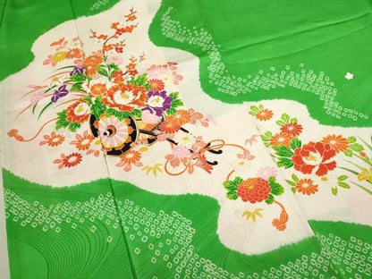 平和屋着物[]七五三　女の子　７歳　祝着　四つ身　長襦袢セット　絞り　駒刺繍　花車文　金彩　逸品　CABB2058ze