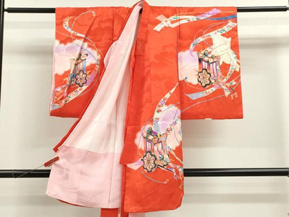 平和屋着物[]お宮参り　女の子　祝着　産着　初着　のしめ　駒刺繍　雲取り御所車文　暈し染め　金銀彩　逸品　CABB2062ze