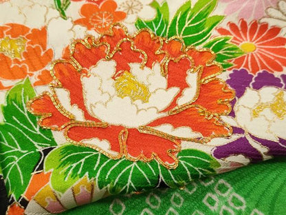 平和屋着物[]七五三　女の子　７歳　祝着　四つ身　長襦袢セット　絞り　駒刺繍　花車文　金彩　逸品　CABB2058ze