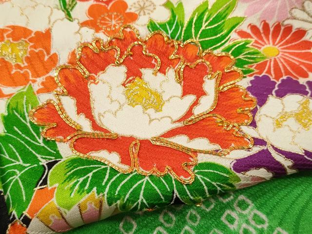 平和屋着物[]七五三　女の子　７歳　祝着　四つ身　長襦袢セット　絞り　駒刺繍　花車文　金彩　逸品　CABB2058ze