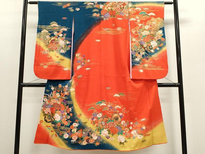 平和屋着物[]七五三　女の子　７歳　祝着　四つ身　長襦袢セット　松竹梅花車文　たたき染め　金彩　逸品　CABB2057ze