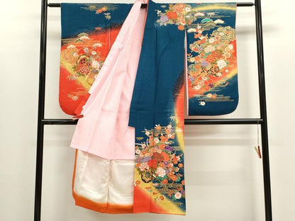 平和屋着物[]七五三　女の子　７歳　祝着　四つ身　長襦袢セット　松竹梅花車文　たたき染め　金彩　逸品　CABB2057ze