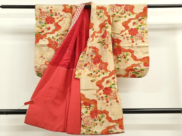 平和屋着物[]アンティーク　大正ロマン　七五三　女の子　３歳　祝着　三つ身　道長草花文　金彩　逸品　CABB2055ze