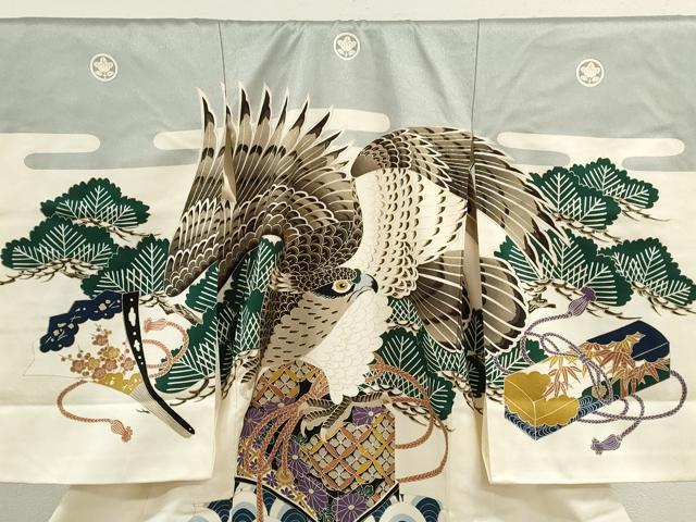 平和屋着物[]お宮参り　男の子　祝着　産着　初着　のしめ　松竹梅　鷹　文箱文　金彩　逸品　CABB2063ze
