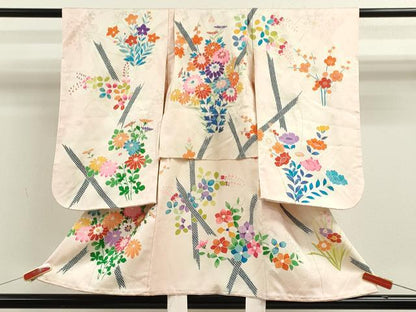 平和屋着物[]七五三　女の子　３歳　祝着　三つ身　草花文　暈し染め　逸品　CABB2061ze