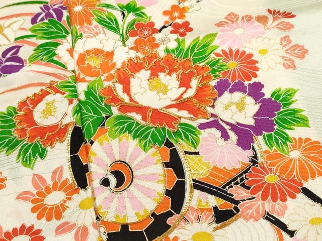 平和屋着物[]七五三　女の子　７歳　祝着　四つ身　長襦袢セット　絞り　駒刺繍　花車文　金彩　逸品　CABB2058ze