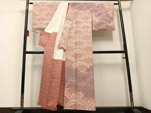 平和屋着物●訪問着　絞り　雲重ね舞扇文　正絹　逸品　AABE0744ph