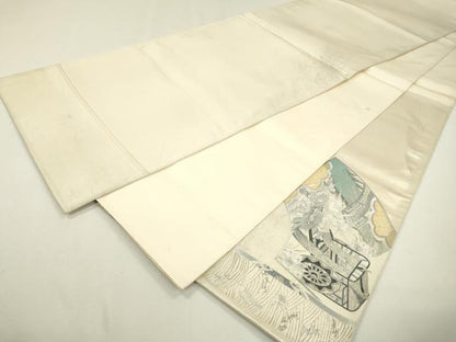 平和屋着物▼太鼓柄袋帯　総刺繍　地紙御所車花文　銀糸　正絹　逸品　DAAZ6425fe