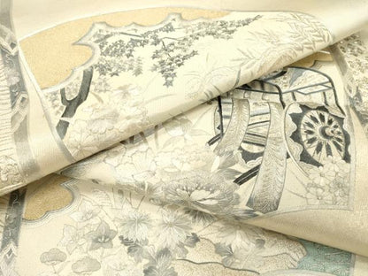 平和屋着物▼太鼓柄袋帯　総刺繍　地紙御所車花文　銀糸　正絹　逸品　DAAZ6425fe