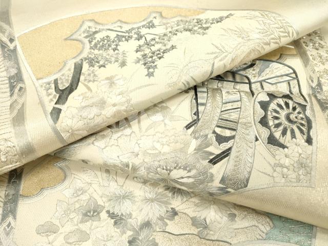 平和屋着物▼太鼓柄袋帯　総刺繍　地紙御所車花文　銀糸　正絹　逸品　DAAZ6425fe
