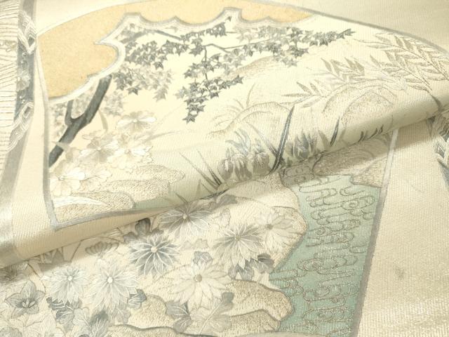 平和屋着物▼太鼓柄袋帯　総刺繍　地紙御所車花文　銀糸　正絹　逸品　DAAZ6425fe