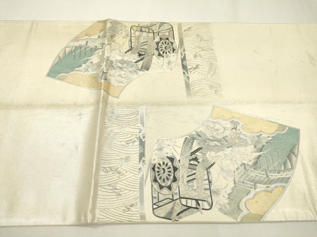 平和屋着物▼太鼓柄袋帯　総刺繍　地紙御所車花文　銀糸　正絹　逸品　DAAZ6425fe