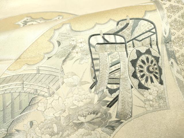 平和屋着物▼太鼓柄袋帯　総刺繍　地紙御所車花文　銀糸　正絹　逸品　DAAZ6425fe