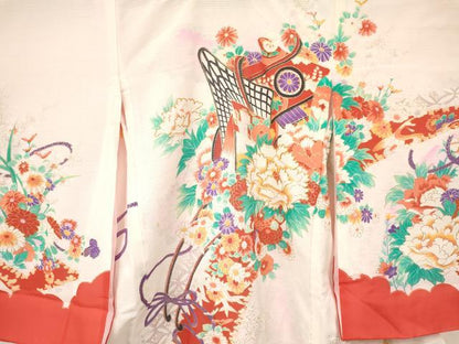 平和屋着物＊夏物　お宮参り　女の子　祝着　産着　初着　のしめ　絽　駒刺繍　御所車花文　暈し染め　金彩　逸品　DAAY3414ma