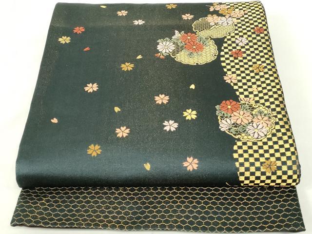 雪輪柄　袋帯　450 未使用品】袋帯 雪輪文 うさぎ 割付文 植物文 市松 金糸 黒 西陣織