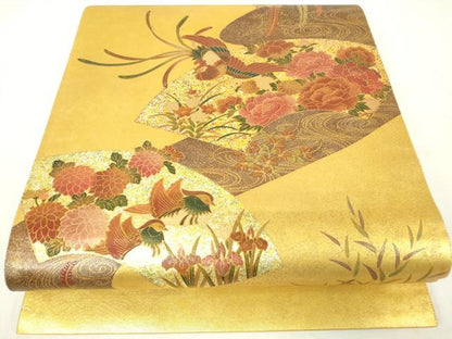 平和屋着物▼六通柄袋帯　地紙鳳凰牡丹文　金彩　引箔　正絹　逸品　DAAY9772az