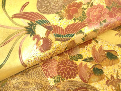 平和屋着物▼六通柄袋帯　地紙鳳凰牡丹文　金彩　引箔　正絹　逸品　DAAY9772az