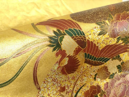 平和屋着物▼六通柄袋帯　地紙鳳凰牡丹文　金彩　引箔　正絹　逸品　DAAY9772az
