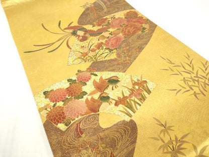 平和屋着物▼六通柄袋帯　地紙鳳凰牡丹文　金彩　引箔　正絹　逸品　DAAY9772az