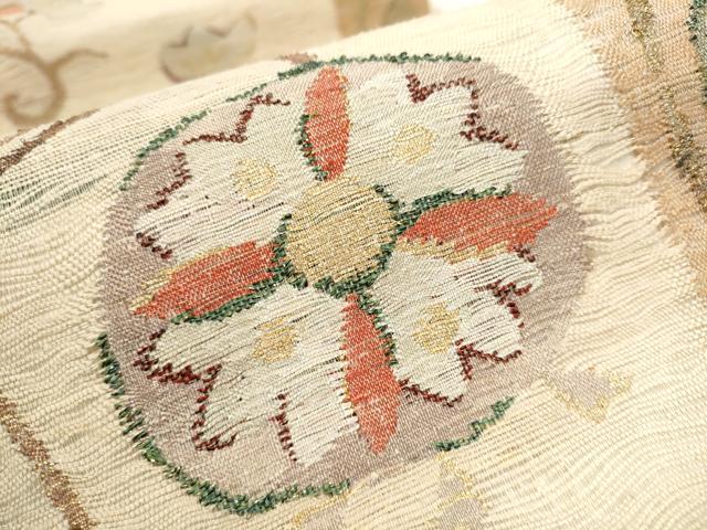 平和屋着物▽スリーシーズン 春夏秋 太鼓柄袋帯 櫛織 芳香名花文 金糸 正絹 逸品 CABB0780hy