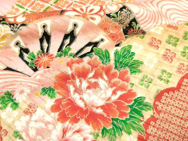 平和屋着物[]七五三　女の子　７歳　祝着　四つ身　長襦袢(単衣)セット　片輪車牡丹花文　暈し染め　金彩　DAAY3477ma