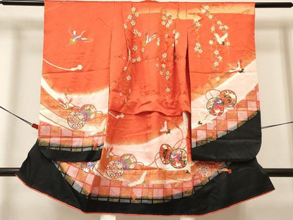 平和屋着物[]七五三　女の子　３歳　祝着　三つ身　長襦袢(無双仕立て・半衿刺繍)セット　飛鶴鼓花文　暈し染め　金彩　逸品　DAAY3476ma