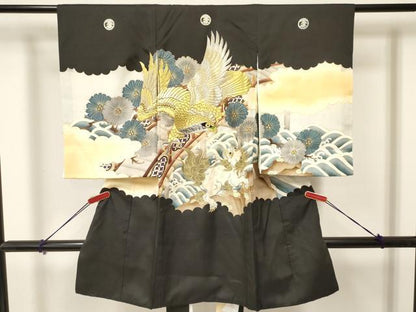 平和屋着物[]お宮参り　男の子　祝着　産着　初着　のしめ　刺繍　鷹　鷲　唐獅子　立波松文　暈し染め　金彩　逸品　DAAY3455ma
