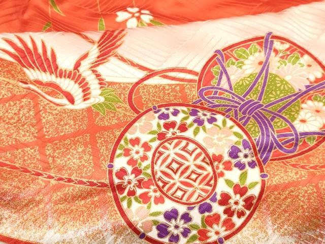 平和屋着物[]七五三　女の子　３歳　祝着　三つ身　長襦袢(無双仕立て・半衿刺繍)セット　飛鶴鼓花文　暈し染め　金彩　逸品　DAAY3476ma
