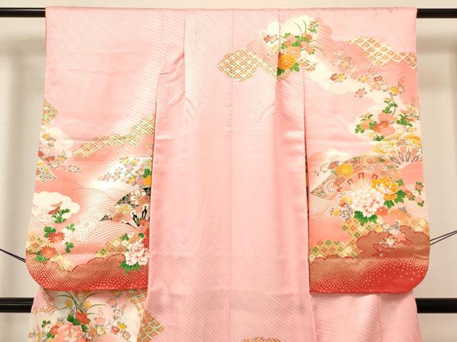 平和屋着物[]七五三　女の子　７歳　祝着　四つ身　長襦袢(単衣)セット　片輪車牡丹花文　暈し染め　金彩　DAAY3477ma