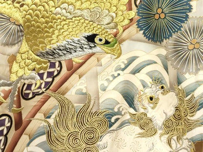 平和屋着物[]お宮参り　男の子　祝着　産着　初着　のしめ　刺繍　鷹　鷲　唐獅子　立波松文　暈し染め　金彩　逸品　DAAY3455ma