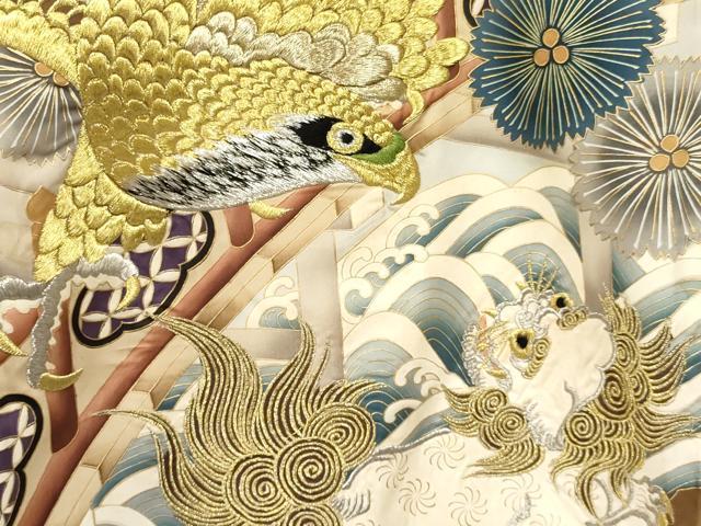 平和屋着物[]お宮参り　男の子　祝着　産着　初着　のしめ　刺繍　鷹　鷲　唐獅子　立波松文　暈し染め　金彩　逸品　DAAY3455ma