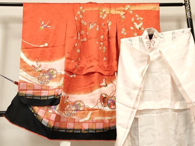 平和屋着物[]七五三　女の子　３歳　祝着　三つ身　長襦袢(無双仕立て・半衿刺繍)セット　飛鶴鼓花文　暈し染め　金彩　逸品　DAAY3476ma