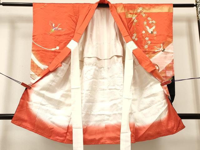 平和屋着物[]七五三　女の子　３歳　祝着　三つ身　長襦袢(無双仕立て・半衿刺繍)セット　飛鶴鼓花文　暈し染め　金彩　逸品　DAAY3476ma