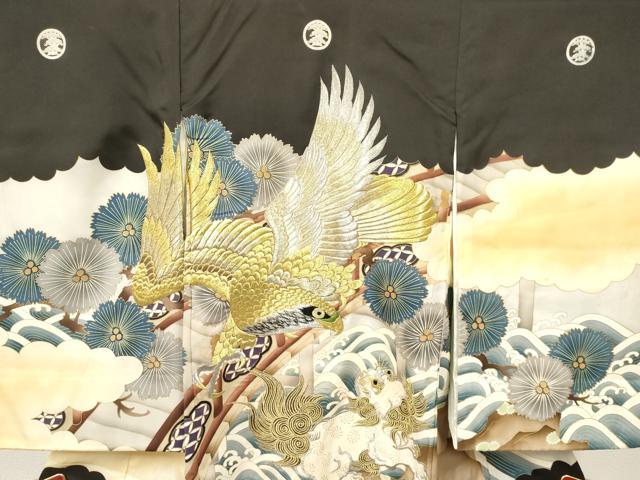 平和屋着物[]お宮参り　男の子　祝着　産着　初着　のしめ　刺繍　鷹　鷲　唐獅子　立波松文　暈し染め　金彩　逸品　DAAY3455ma