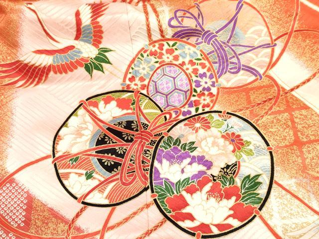 平和屋着物[]七五三　女の子　３歳　祝着　三つ身　長襦袢(無双仕立て・半衿刺繍)セット　飛鶴鼓花文　暈し染め　金彩　逸品　DAAY3476ma
